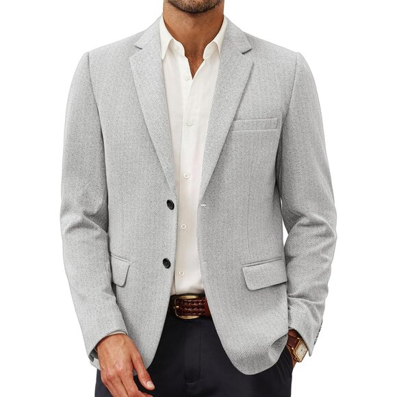 🆕Men's Light Grey Herringbone Blazer 2 Button Sport Coat Casual Knit Polyester - Picture 1 of 8